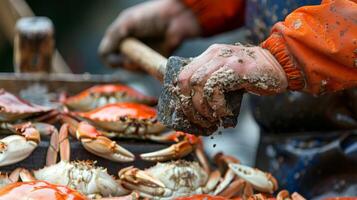 The steady thump of a mallet can be heard as a man cracks open crab shells revealing succulent meat inside photo