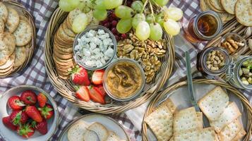 A picnic blanket is adorned with a variety of homemade spreads made from foraged nuts such as macadamias pine nuts and pistachios all ready to be enjoyed with crackers and fresh fruit photo
