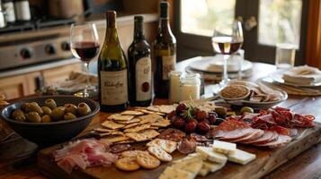 A rustic wooden table is set up with a spread of meats olives and artisanal crackers all sourced from nearby farms and small businesses photo