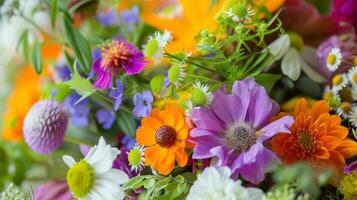 A layered tail with a burst of wildflower colors and a bouquet of foraged herbs for a visually appealing presentation photo