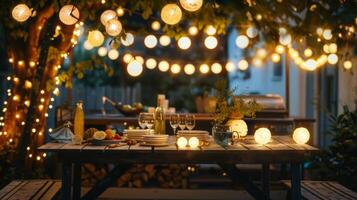 Lanterns and string lights illuminate the kitchen space at night creating a magical atmosphere photo
