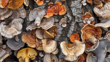 A closeup of various types of mushrooms growing on the bark of a tree photo