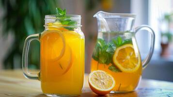 A mason jar filled with orange juice sits next to a pitcher of iced tea on the table with slices of lemon and mint leaves floating inside photo