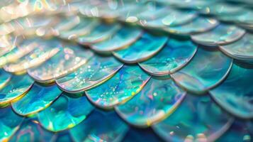 A mesmerizing closeup of a surfboard shows off a holographic mermaid scale design making the board look like it belongs in the depths of the ocean photo
