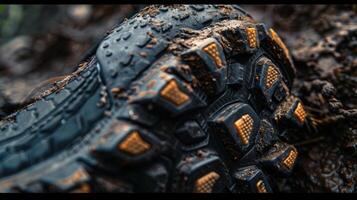 A macro shot of a hiking boots sole showing the intricate treads and patterns designed for maximum grip and stability on rugged terrain photo
