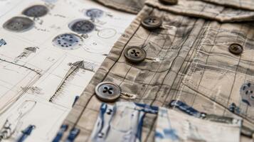 A closeup of a designers sketch for a classic trenchcoat with detailed illustrations of the buttons and belt surrounded by swatches of waterproof fabric photo