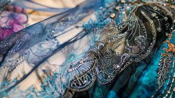 A closeup of a sketch for an elaborate evening gown with handdrawn sketches of intricate beading and lace complemented by a selection of luxurious fabric swatches photo