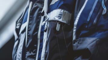 An upclose view of a highend sailing jacket with a navy blue and silver color scheme and a reflective logo on the chest photo