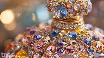 A closeup of a luxurious perfume bottle adorned with a dazzling array of multicolored gems and crystals photo