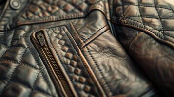 A detailed shot of a leather jacket showing off the intricate stitching and embossed patterns on the shoulders photo