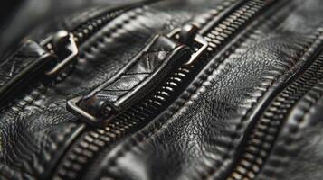 A detailed view of the leather jackets zippers made of high quality metal and smoothly gliding open photo