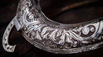 A gleaming silver horseshoe with intricate etchings representing the luck and success of a winning horse photo