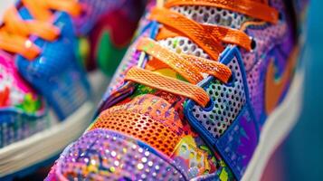A pair of vibrant graffitiinspired sneakers with a mix of colorful prints and textures including a holographic material on the toe box photo