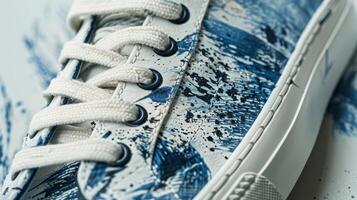 A lowtop allwhite sneaker with a distressed finish and handpainted brush strokes in various shades of blue resembling a denim texture photo