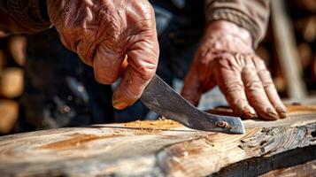 The sharp pointed tip of a chisel held in a craftsmans steady hand as he carefully chips away at a piece of smooth flawless wood photo