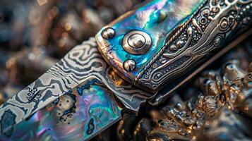 A pocket knife with a handle made of a luxurious shimmery abalone shell showcasing an array of stunning colors. The blade is made of Damascus steel adding to the overall exclusivit photo