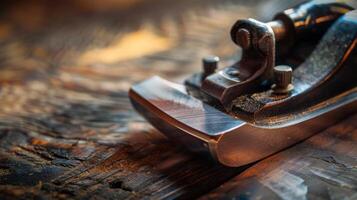 The smooth polished surface of a hand planes blade reflecting the rich hues of the wood it is working on photo