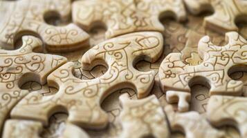 A closeup of a beautifully crafted jigsaw puzzle with each piece made from fine ivory and stamped with a unique pattern photo