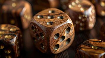 A zoomedin view of a beautifully crafted wooden dice set polished to a lustrous finish and engraved with delicate numbers photo