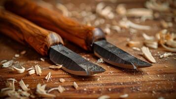 A pair of delicate chisels their fine edges honed to perfection and ready for precision wood carving photo