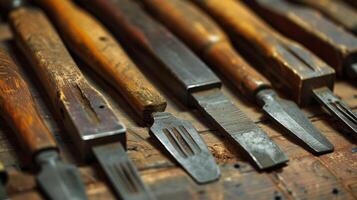 A collection of vintage chisels passed down through generations of skilled woodworkers each with its own unique wear and tear from years of use photo