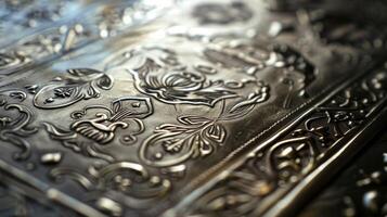 A closeup of a gleaming silver playing card etched with intricate patterns and delicately embossed with a royal crest photo