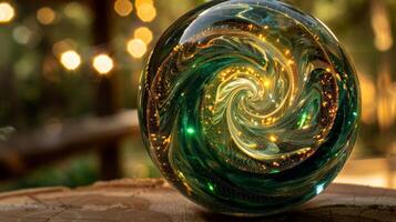 A glass orb with swirling ribbons of deep green and gold seemingly capturing a miniature galaxy within photo
