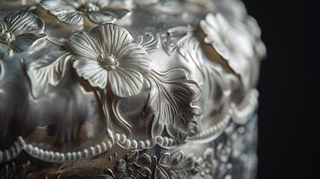 The intricate design of a vintageinspired pastry tip with floral engravings on its sleek silver surface photo
