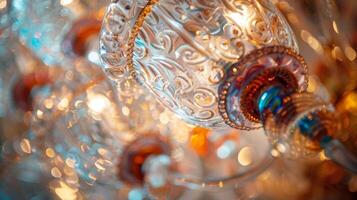A handcrafted glass chandelier with intricate patterns and various shades of shimmering glass creating a stunning and luxurious piece of art photo