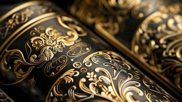 A detailed shot of a wine bottle label showcasing intricate gold foiling and embossed lettering. The luxurious packaging is just as important as the quality of the wine itself photo