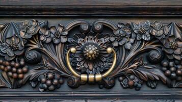 An upclose view of a wine cellar door with ornate carvings and a gold handle. The door is a gateway to a hidden paradise of fine wines photo