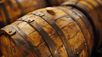 A zoomedin shot of a wine barrel with engraved markings indicating its origin and age. Each barrel holds a story and contributes to the overall flavor of the wine photo