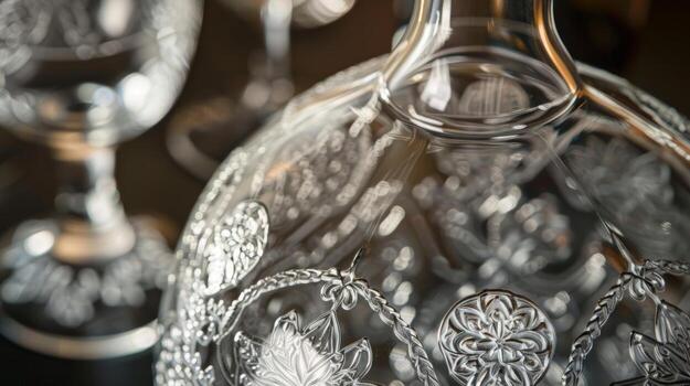 A detailed image of a wine decanter with intricate patterns etched into the glass. The decanter not only serves a functional purpose but also adds a touch of sophistication to the win photo