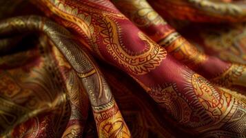 An intimate view of a delicately patterned silk scarf showcasing a paisleyinspired print in shades of deep red and goldenrod. The fine details of the design create a mesmerizing effec photo