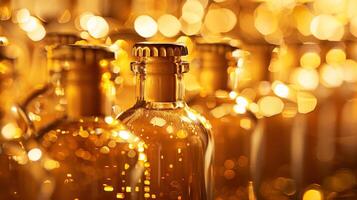 Soft beams of golden light filter through a collection of shimmering bottles highlighting the richness and complexity of the premium ingredients carefully selected for the ultimat photo