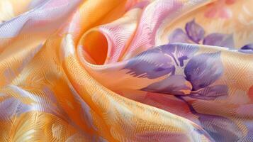A detailed image of a luxurious silk scarf with an abstract floral pattern in soft shades of peach yellow and lavender. The delicate brushstrokes of the design are accentuated by th photo