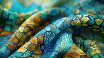 A macro shot of a silk scarf featuring an intricate mosaic design in shades of blues greens and yellows. The fine detailed lines of the design create a mesmerizing effect drawing th photo