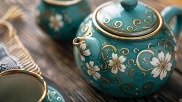 A set of tealcolored ceramic teapot and cups handpainted with intricate gold swirls and accented with delicate white flowers photo