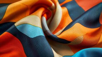 A macro shot of a silk scarf with a bold graphic print in a juxtaposition of warm and cool tones. The smooth silk fabric provides the perfect canvas for the intricate interplay of shape photo