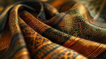 A macro shot of a richly patterned silk scarf featuring a geometric print in earthy tones of brown green and gold. The intricately woven threads create a subtle texture that adds dept photo
