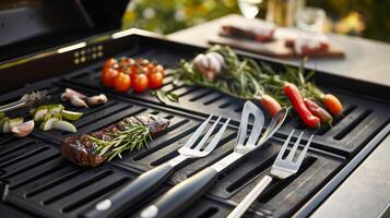 An upclose view of a set of professionalgrade grilling utensils each with a unique specialized design for handling meat vegetables and other foods on the grill photo