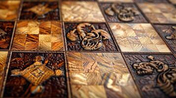 A closeup of a chess board created by skilled craftsmen using a marquetry technique with intricate patterns made from pieces of different types of wood. The board is a work of art a photo