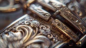 A detailed shot of a watch clasp adorned with delicate engravings and a shimmering finish adding a touch of opulence to the overall design photo