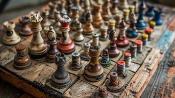 A unique chess set made entirely from recycled materials with each piece created from different objects such as bottle caps bolts and keys. The board itself is made from an old woode photo