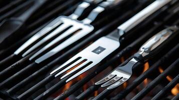 A detailed image of a deluxe grilling tool set including tongs spatula and grill fork all made from highgrade stainless steel and featuring comfortable ergonomic handles photo