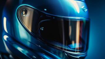 A metallic blue helmet with a smooth curved surface and a small subtle logo on the side giving off a luxurious and highend feel photo