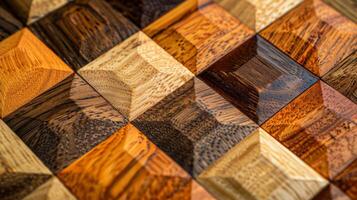 A closeup of the checkerboard pattern on an elaborate chess board with each square made from a different type of wood. The contrast of textures adds depth and interest to the design photo