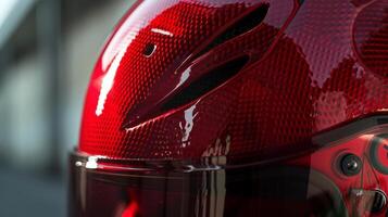 A closeup of a bright red helmet with intricate mesh detailing on the front emphasizing both style and ventilation photo