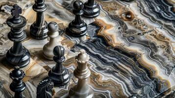 An exquisite chess board made from rare onyx stone and featuring striking natural patterns in shades of black white and gray. It is both a functional board and a piece of art photo