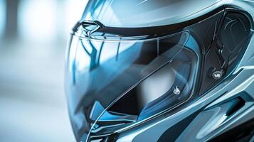 A closeup of a helmets visor featuring an antiglare coating and a seamless streamlined design for a highend premium look photo